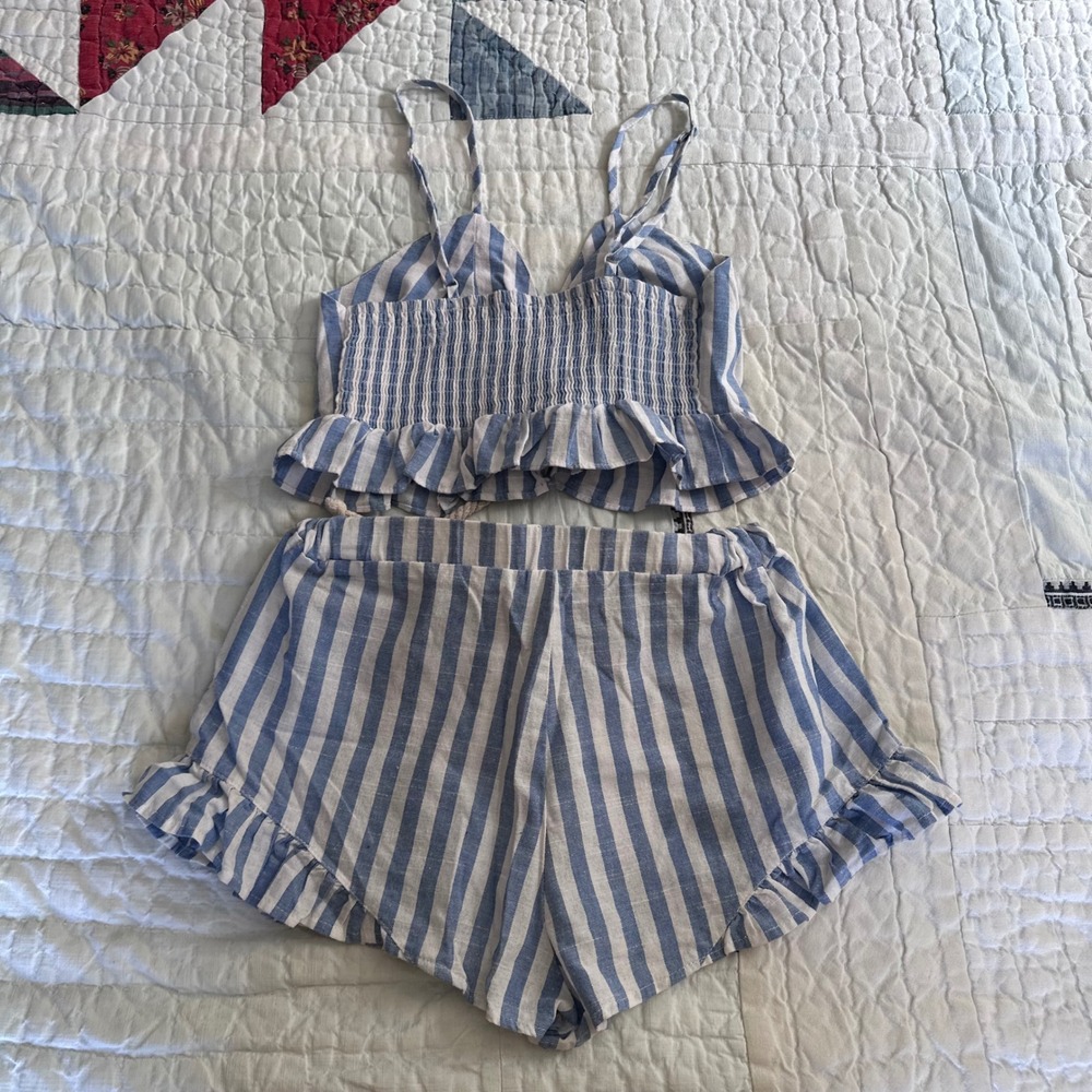 Unbranded Striped Two Piece Short Set Blue White Cotton Small - Picture 2 of 3